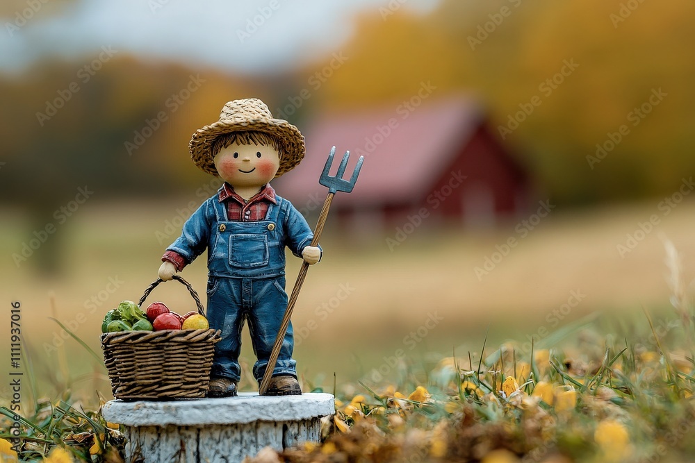 A cheerful figurine stands in a grassy field, holding a pitchfork and a basket of fruit. Behind is a red barn set against an autumn backdrop of orange and yellow foliage.