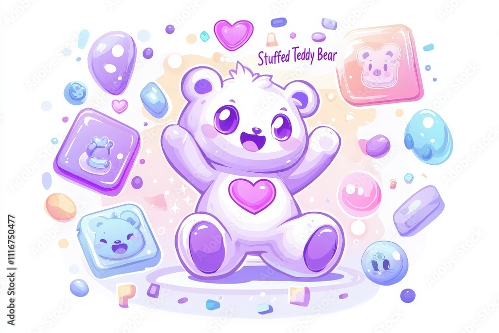 A cheerful, fluffy teddy bear with a heart-shaped patch is joyfully posed in a playful atmosphere. Colorful jelly shapes float around, adding a whimsical touch to the scene.