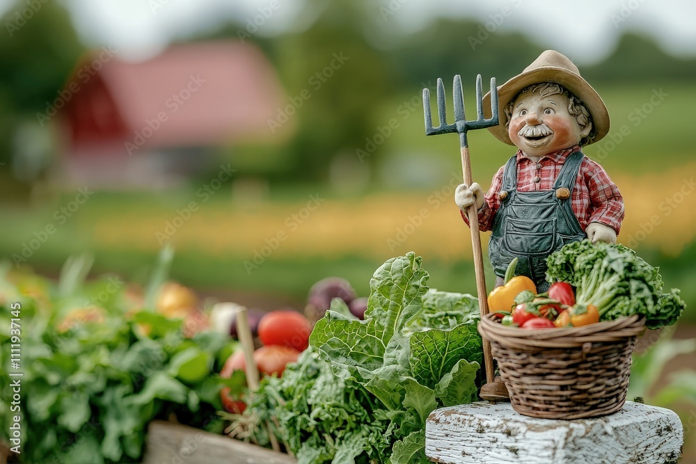 A cheerful gardening figure stands proudly with a pitchfork next to a basket filled with fresh vegetables. The vibrant garden and red barn create a picturesque springtime setting.
