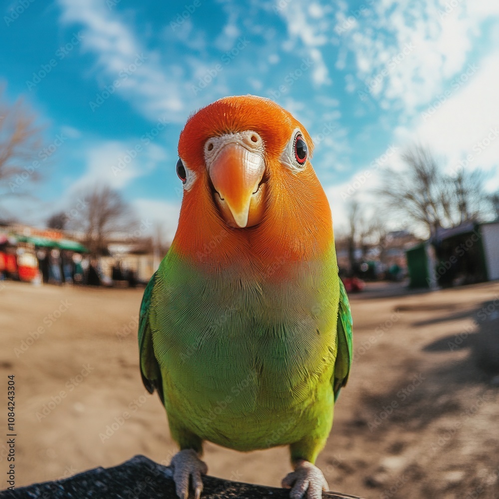A cheerful little parrot with bright green and orange feathers sits contently on a surface. It enjoys the sunny weather in a lively park filled with trees and distant visitors.