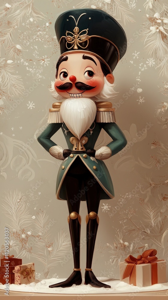 A cheerful nutcracker figure with a grand uniform smiles while posing amidst colorful presents. The background features subtle winter decorations, enhancing the holiday spirit.