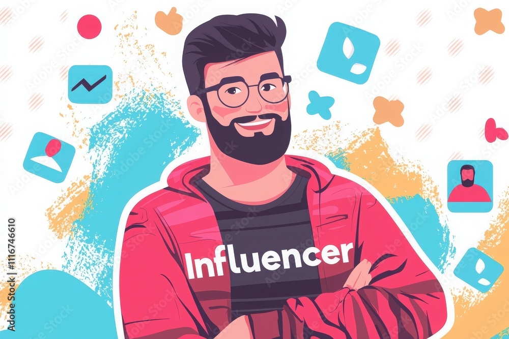 A cheerful young man with glasses and a beard is smiling confidently, dressed in a casual hoodie. Colorful graphics surround him, representing his role as a digital influencer in a modern context.