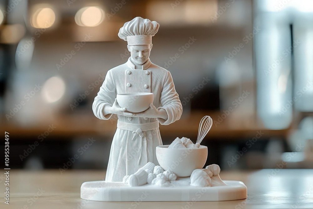 A chef figure holds a bowl with ingredients, standing on a kitchen countertop. The background showcases modern appliances and a clean, bright cooking space, highlighting culinary creativity.
