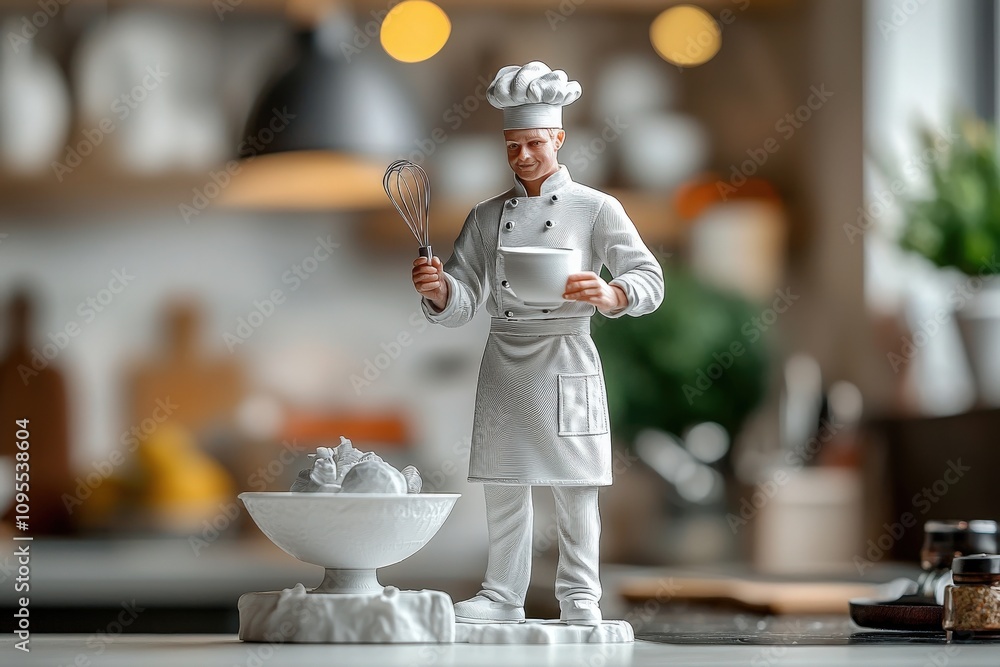 A chef figurine stands proudly in a well-lit kitchen. It holds a whisk in one hand and a bowl in the other. The kitchen features contemporary decor with plants and utensils visible.