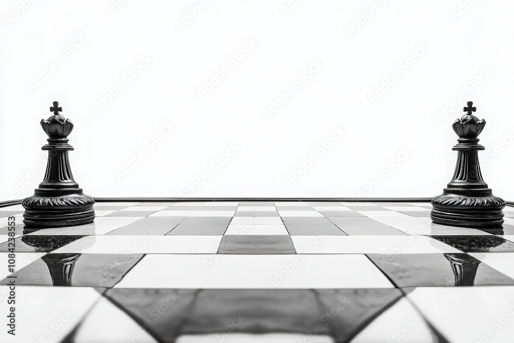 A chessboard features two kings lying down, symbolizing defeat or a strategic pause in the game. The composition captures the essence of chess rivalry against a minimalist backdrop.
