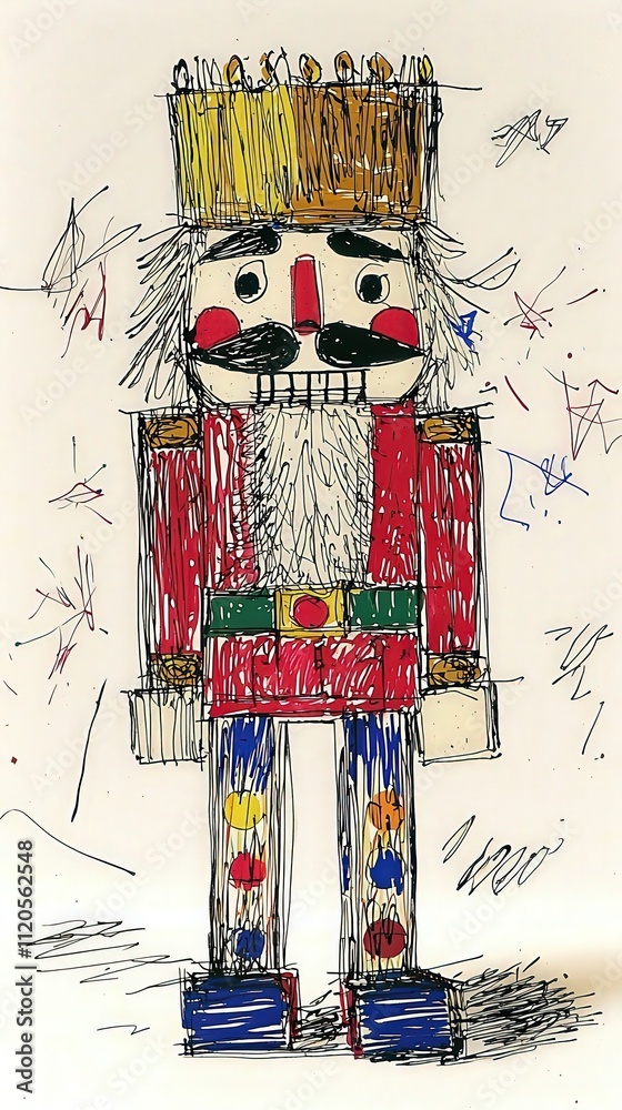 A childlike drawing of a nutcracker figure stands prominently, adorned with a bright crown, colorful clothing, and festive decorations, showcasing creativity and joy through its vibrant design.