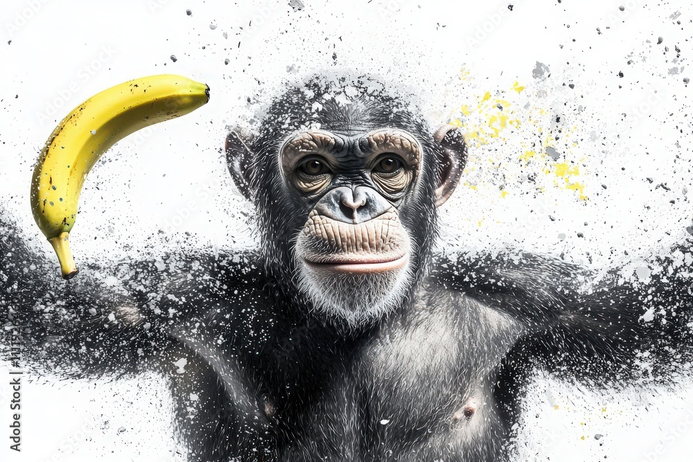 A chimpanzee joyfully holds a banana while vibrant powder explodes around it. The playful animal highlights a fun and artistic moment, showcasing energetic interaction and contrast.