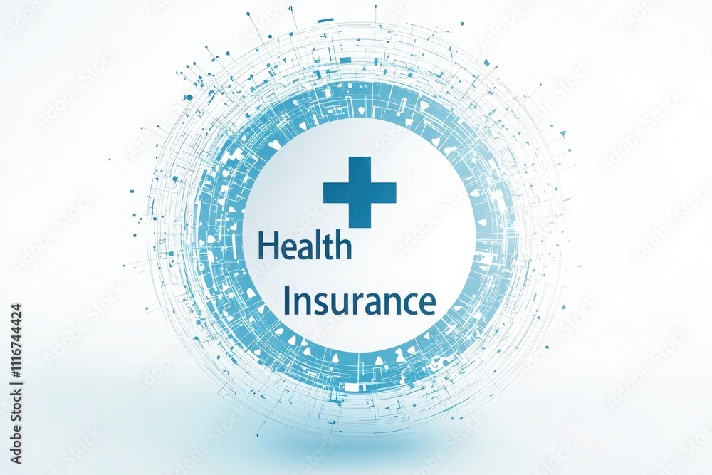 A circular blue emblem showcases health insurance, surrounded by a digital network design. This visual embodies the integration of healthcare and technology in providing security.