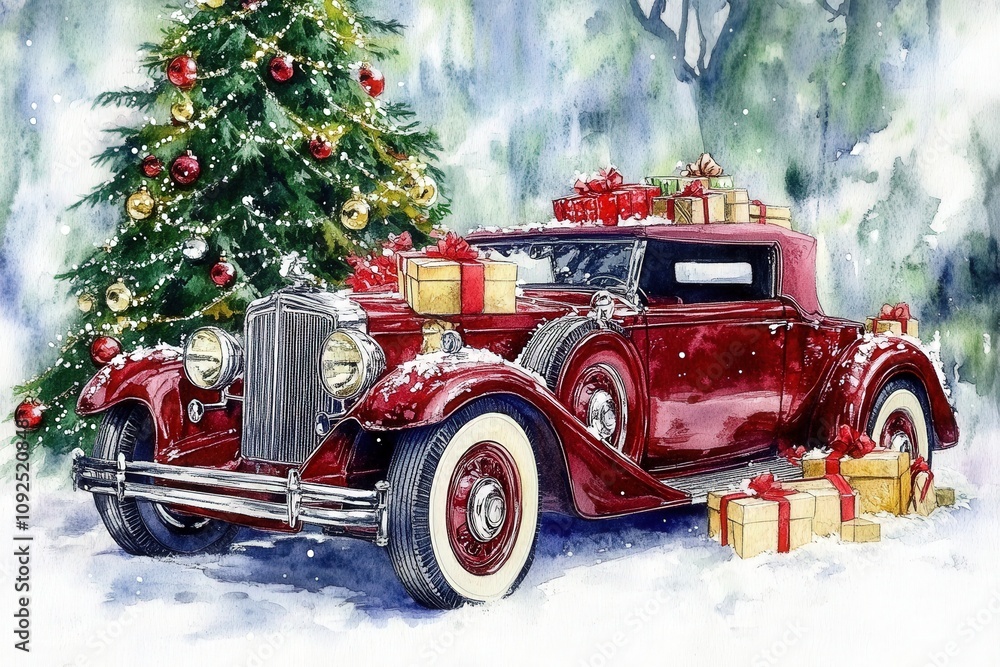 A classic red car is parked in a snowy landscape, surrounded by festive decorations and vibrant Christmas gifts. A decorated tree adds to the holiday cheer.