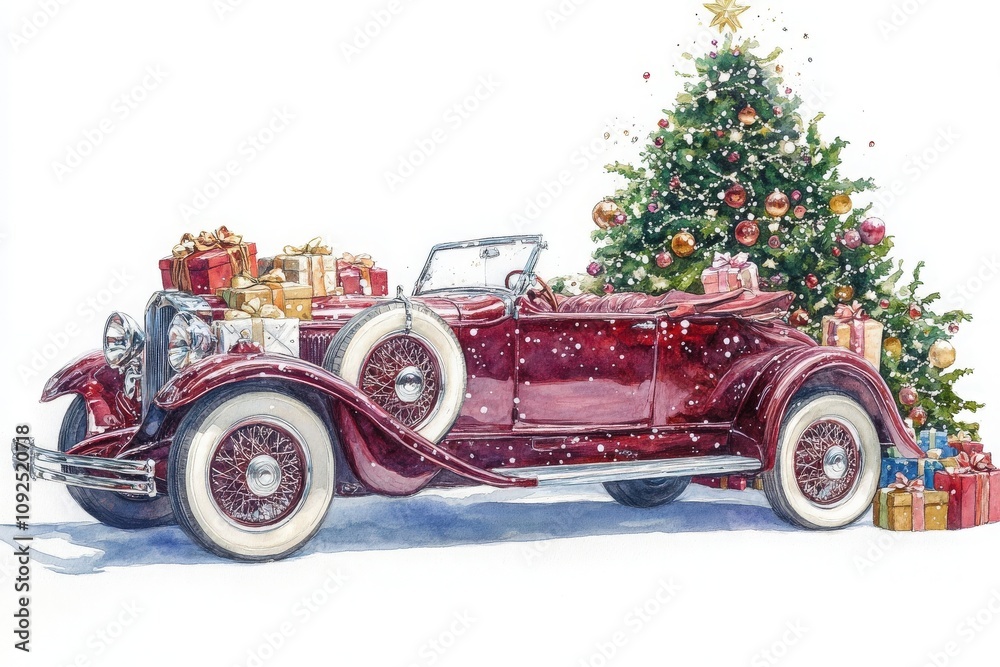 A classic red convertible is parked next to a beautifully decorated Christmas tree surrounded by colorful gifts. Snowflakes gently fall, creating a festive winter atmosphere.