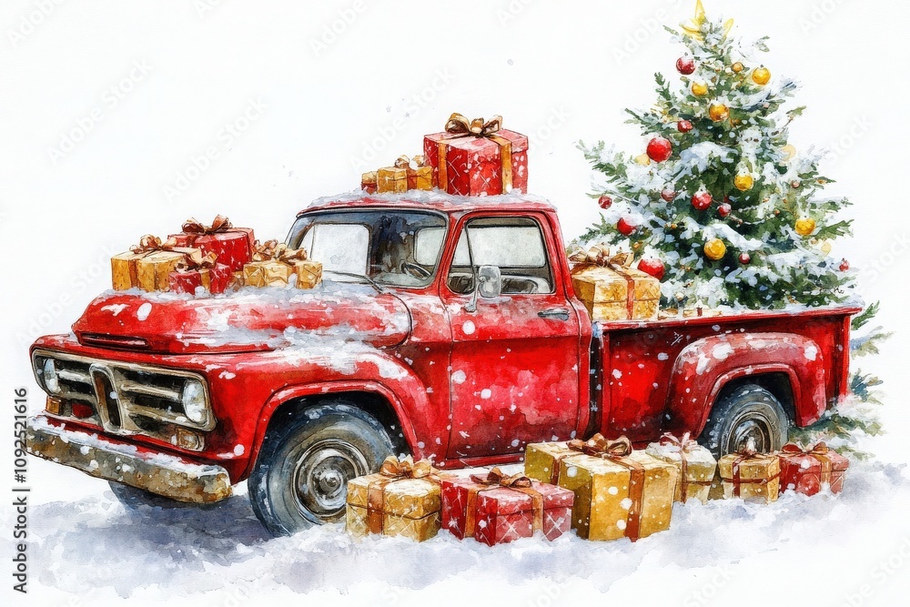 A classic red truck is adorned with colorful presents, parked amidst a snowy landscape. A vibrant pine tree with ornaments stands nearby, creating a festive holiday atmosphere.