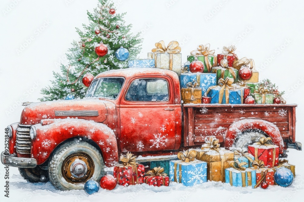 A classic red truck is parked in a snowy landscape, overflowing with colorful wrapped presents. A decorated pine tree stands nearby, adding to the festive atmosphere during winter.