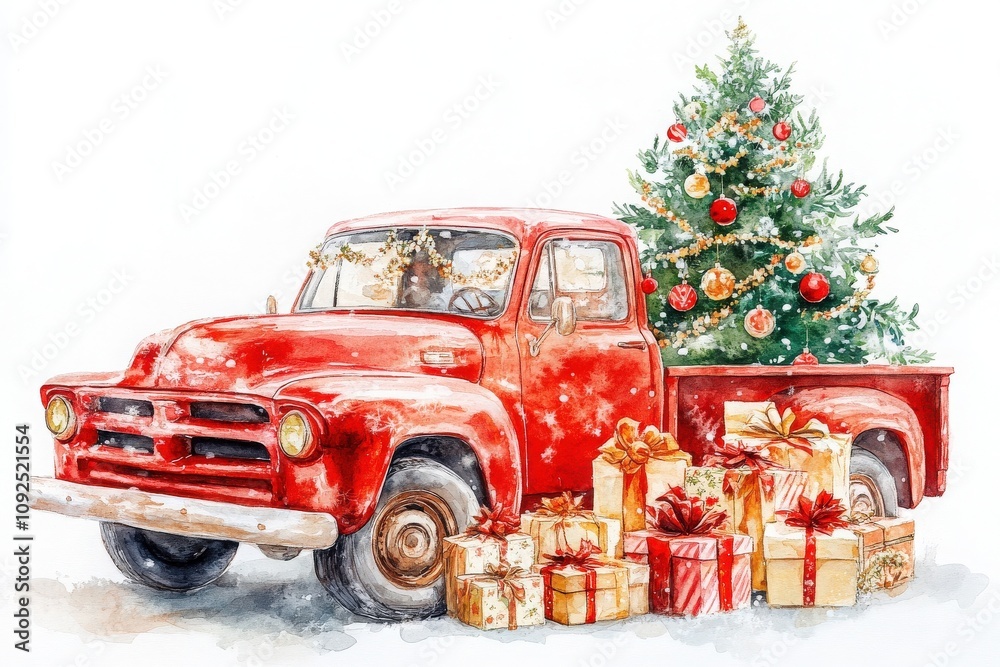 A classic red truck is parked with a decorated Christmas tree in the back. Surrounding the vehicle are beautifully wrapped gifts and boxes, creating a cheerful holiday atmosphere.