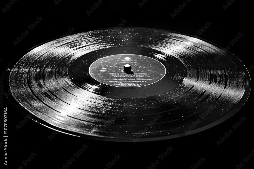 A classic vinyl record lies flat against a dark surface, its grooves reflecting light and showcasing its unique texture. The subtle shine creates an atmosphere of nostalgia and warmth.
