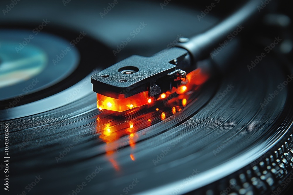 A classic vinyl record spins gracefully on a turntable, with a close-up view showcasing the gleaming grooves and vibrant lights from the needle.