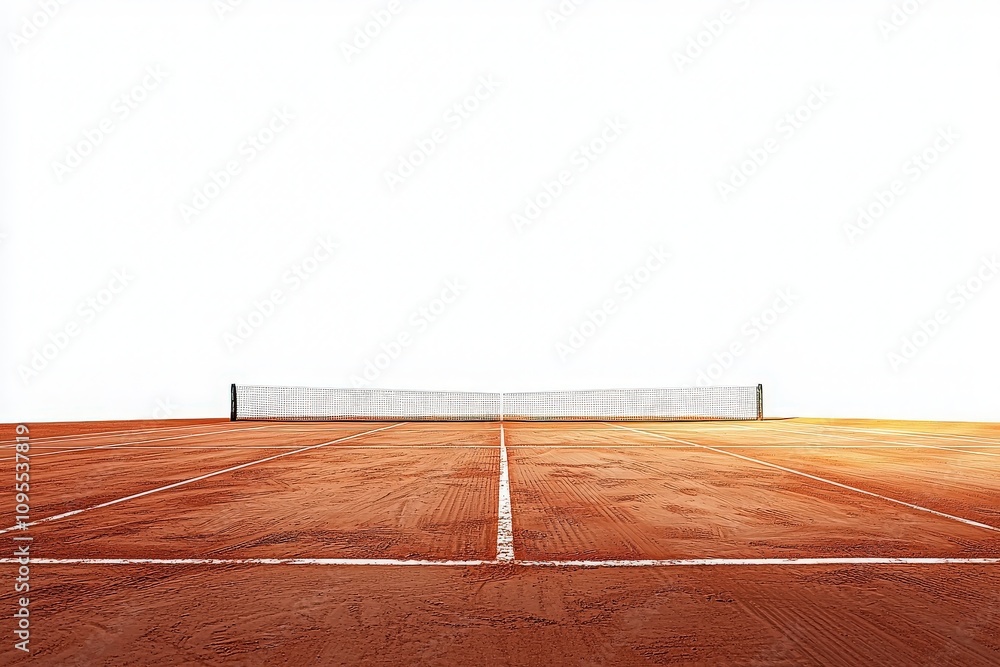 A clay tennis court is shown with a focused view of the net at its center. The late afternoon sun casts soft shadows on the court, highlighting the vibrant orange surface and white lines.