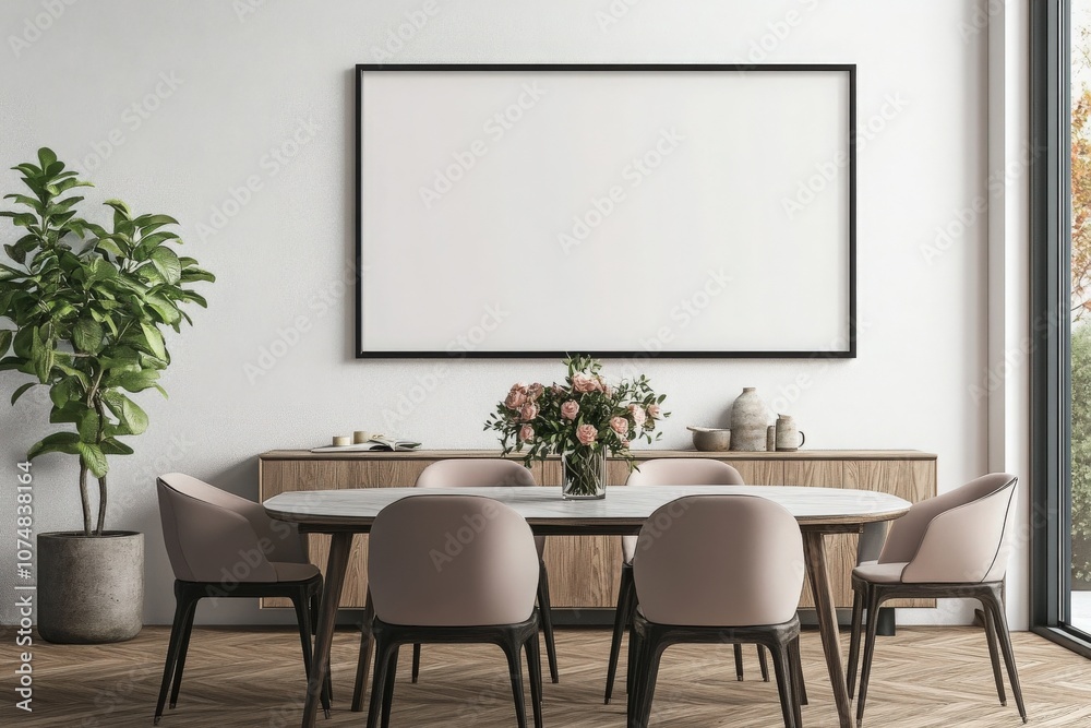 A clean and modern black rectangular frame is prominently mounted on a white wall, above a chic dining table. The setting includes elegant chairs and a floral centerpiece, creating a fresh ambiance.
