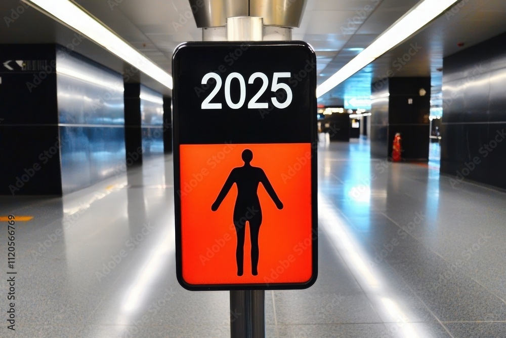 A clear directional sign indicates the location of womens restrooms in a sleek and modern transit station. Bright colors and minimalistic design enhance navigation for travelers.