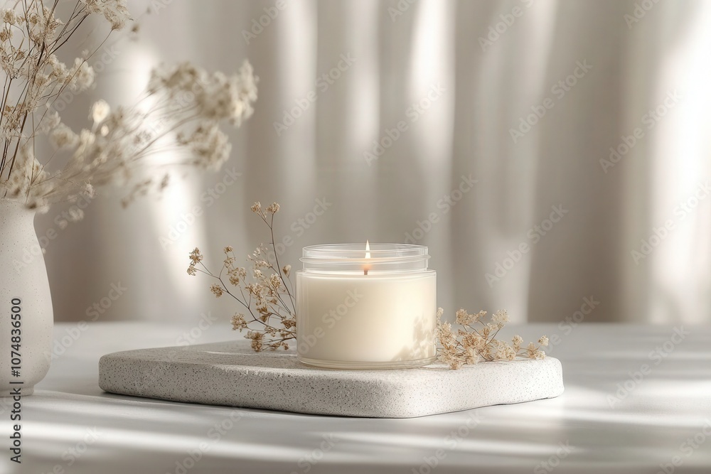 A clear jar filled with creamy scented wax sits on a textured surface, adorned with delicate dried flowers, while soft, natural light enhances the serene atmosphere.