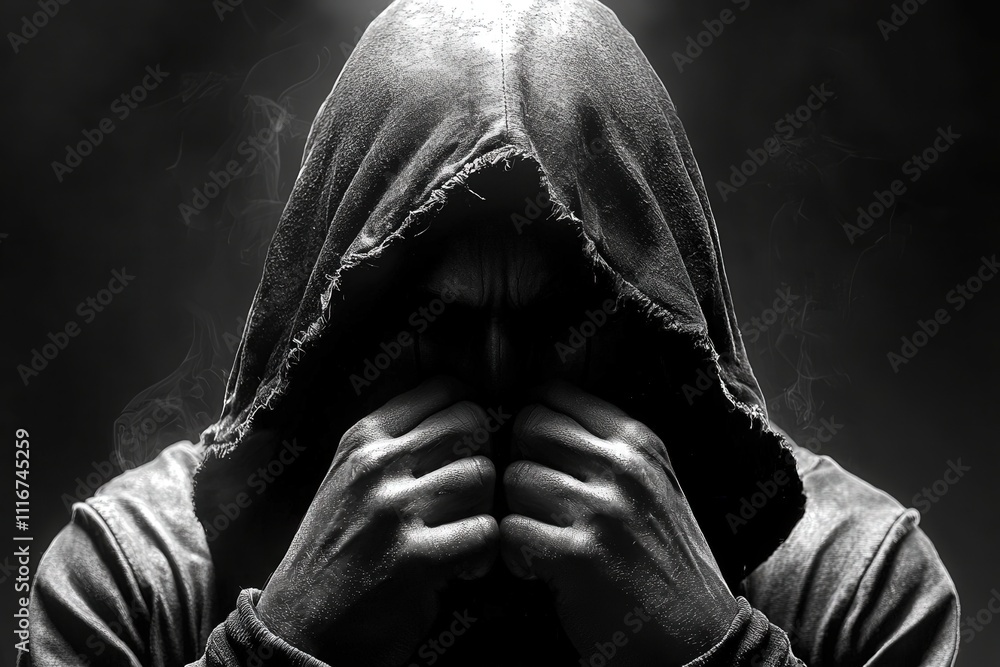 A cloaked individual is captured in a dimly lit environment, their face partially obscured by the hood. The person appears deep in thought, with hands gripping their face. The atmosphere is intense.
