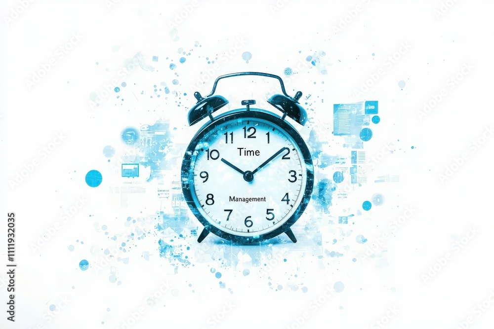 A clock displaying the time highlights the importance of time management, surrounded by digital elements symbolizing productivity and organization at work.