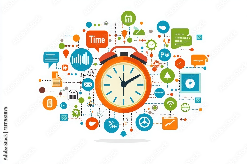A clock surrounded by colorful icons representing communication, productivity, and technology. This visual emphasizes the importance of time management in modern life with engaging graphics.