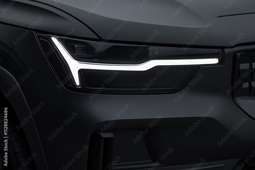 A close-up of a vehicles headlight highlights its sleek design and striking light graphic in low light, showcasing innovation in automotive engineering.