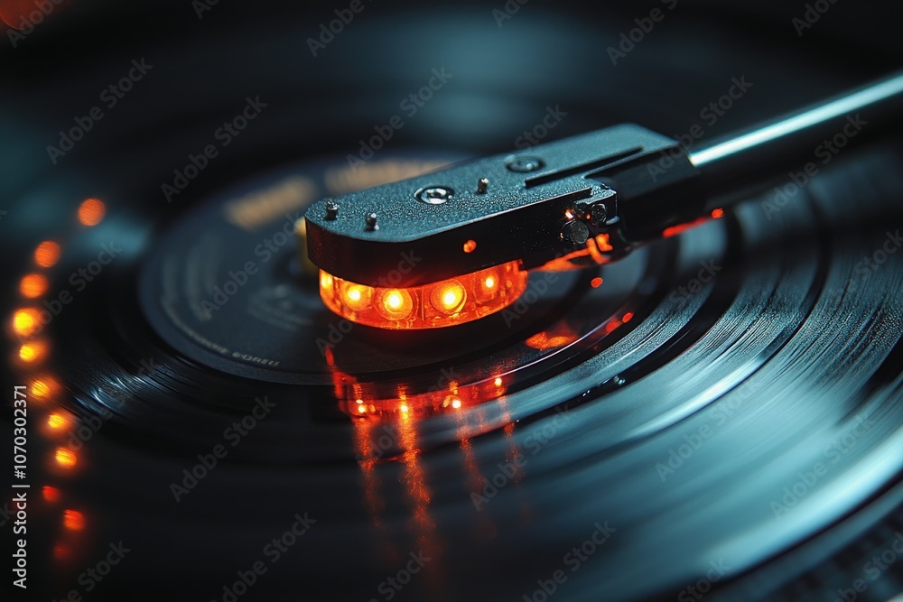 A close-up of a vintage vinyl record on a turntable, illuminated by warm, glowing lights, capturing the essence of music in a nostalgic atmosphere. The black grooves reflect time and sound.