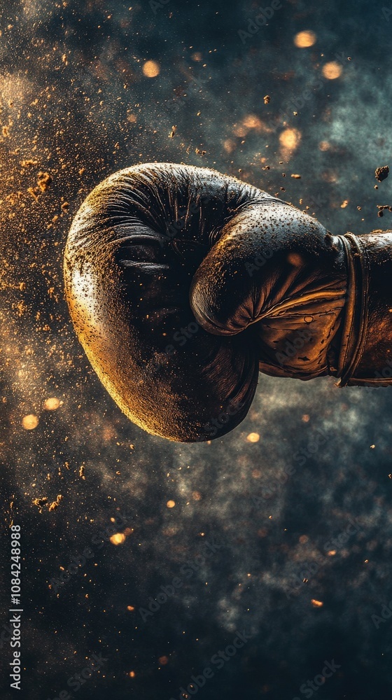 A close-up view captures a boxing glove delivering a powerful punch, surrounded by flying debris and dust. The intense moment conveys the energy of a fight, emphasizing strength and determination.