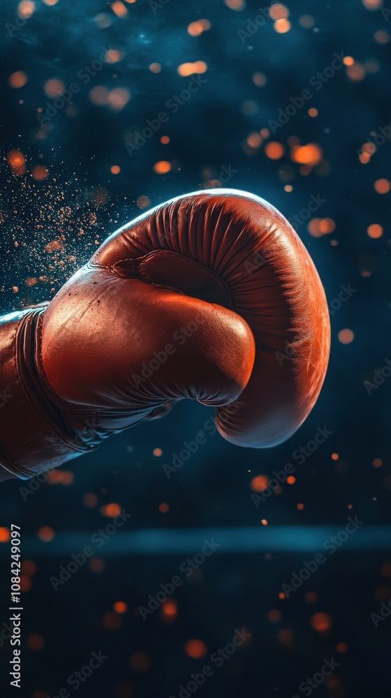 A close-up view captures a boxing glove in action, forcefully punching through the air, with glowing particles and a dynamic background that enhances the intensity of the moment.