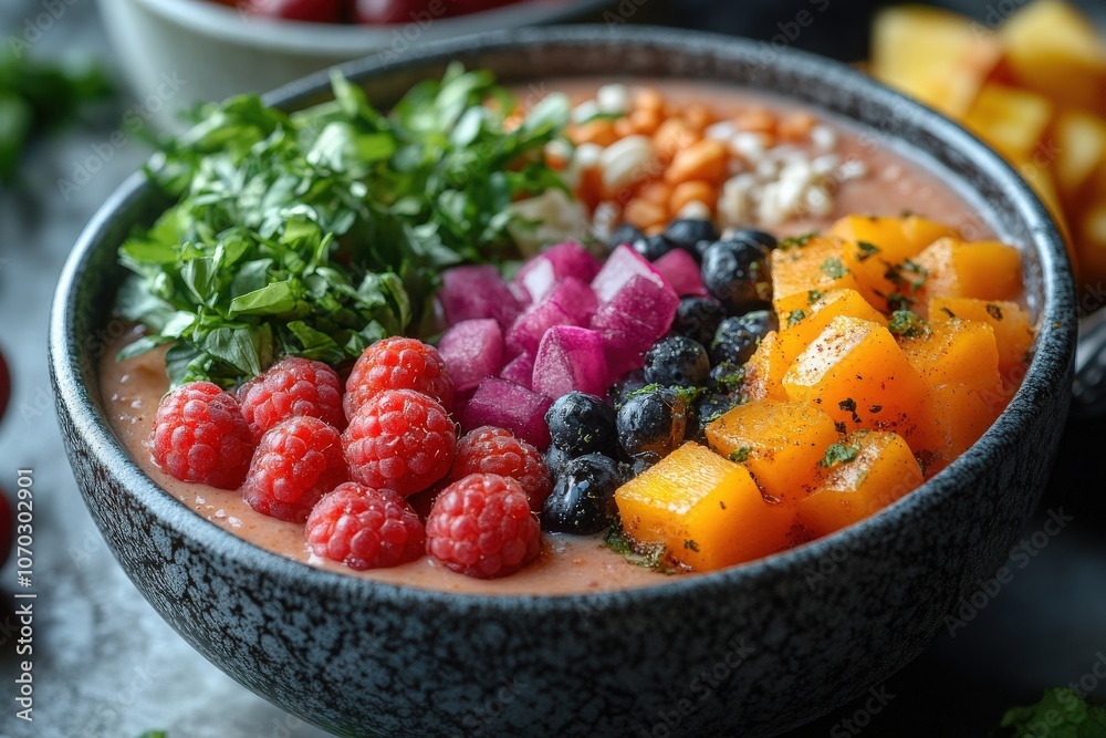A close-up view captures a fitness tracker resting next to a beautifully arranged breakfast bowl filled with fresh fruits and greens. The bright colors create an inviting and healthy start to the day.