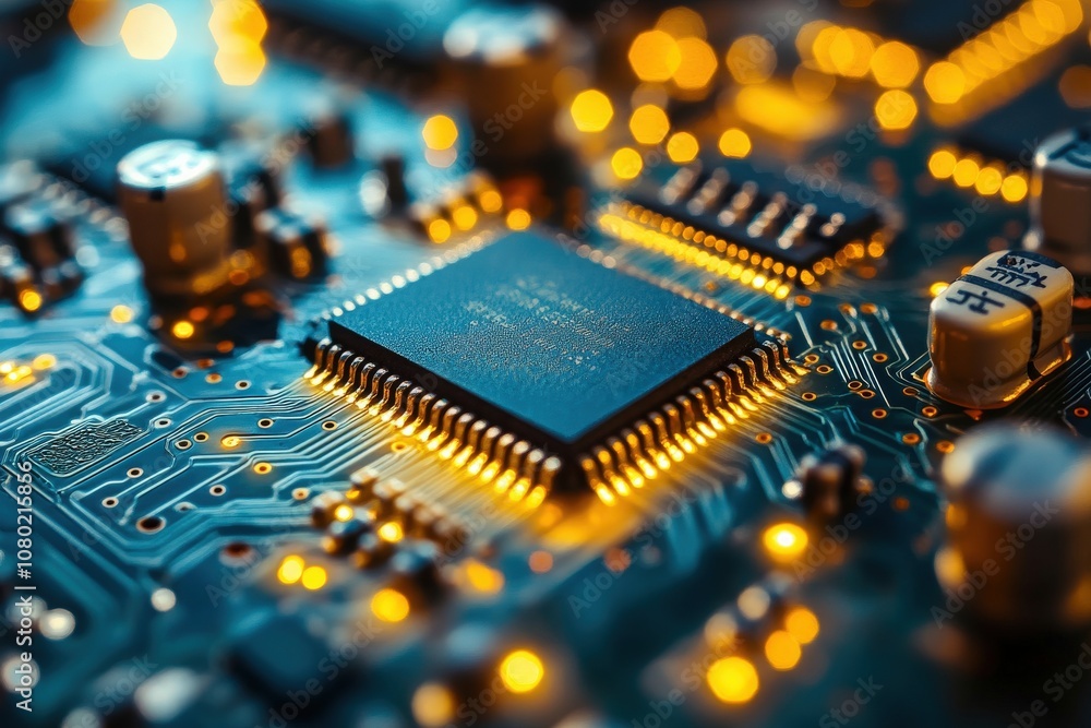 A close-up view captures the intricate details of a circuit board, highlighting its components and glowing connections. This macro perspective reveals the complexity of electronic design.
