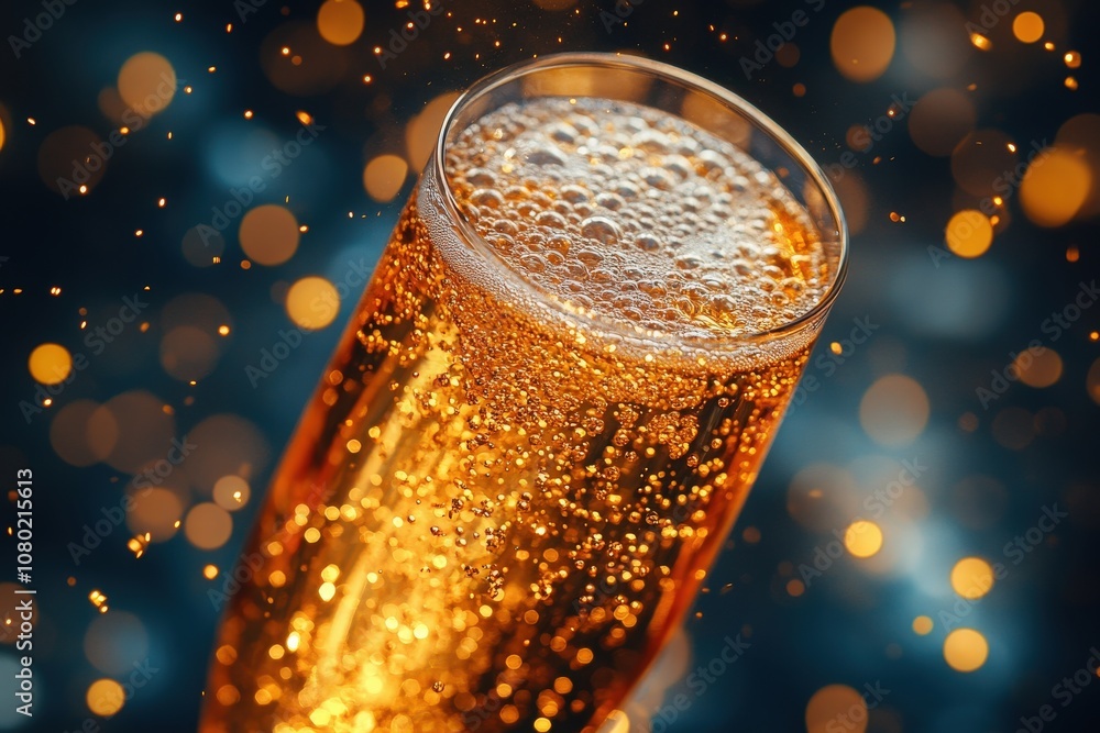 A close-up view highlights a champagne flute brimming with sparkling beverage, capturing a festive atmosphere. The bubbles rise, creating an inviting and celebratory mood.