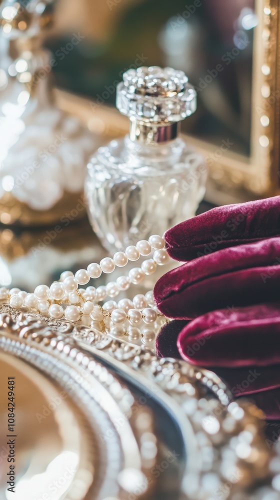 A close-up view highlights luxurious fashion accessories on a mirrored surface. A delicate pearl necklace rests beside velvet gloves and a vintage perfume bottle, creating a chic setting.
