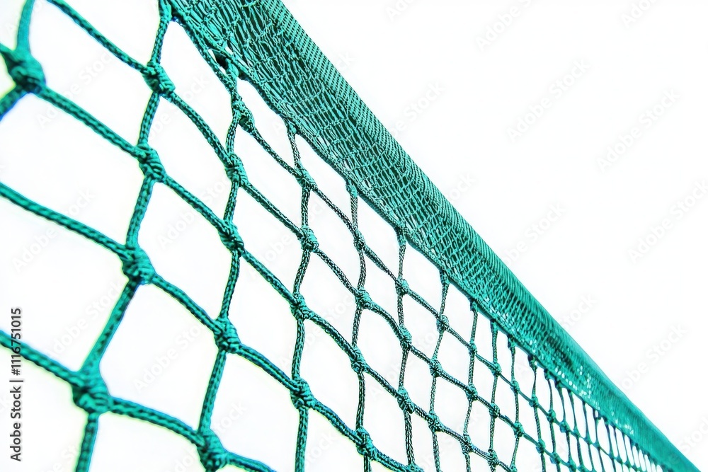 A close-up view of a bright green netting is featured against a stark white backdrop, highlighting the intricate knotting and texture of the material.
