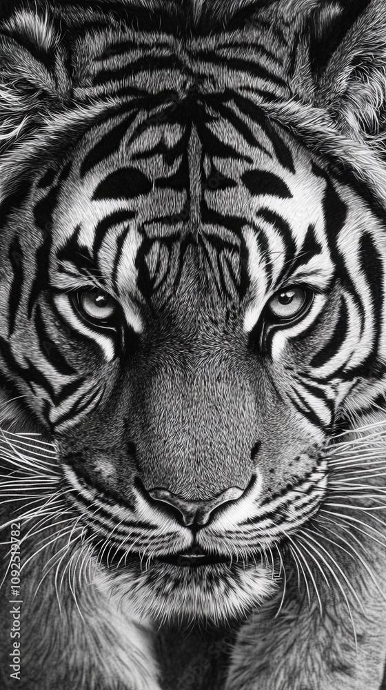 A close-up view of a tiger displaying its intense gaze and detailed fur patterns. The monochrome effect enhances the tigers striking features and fierce presence.
