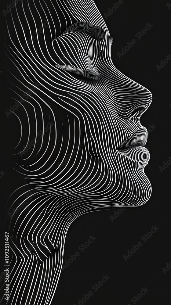 A close-up view of a womans profile is designed with detailed, flowing line patterns. The monochrome artwork emphasizes beauty and elegance, creating a striking visual effect.