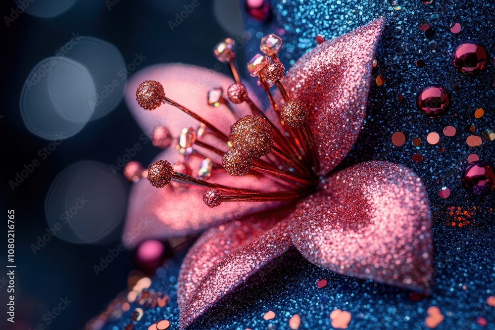 A close-up view reveals a vibrant festive party hat, decorated with glittering floral elements and colorful accents, perfect for adding charm to any celebration or gathering.