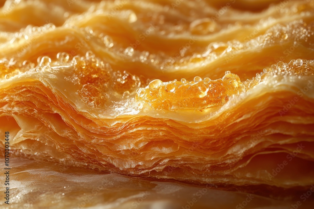 A close-up view reveals the delicate layers of a freshly baked flaky pastry, showcasing its golden crispiness and slight gloss. The texture highlights the craftsmanship involved in its creation.