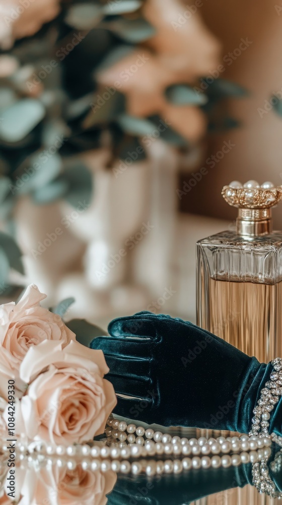 A close-up view showcases luxurious fashion accessories, including a perfume bottle, elegant gloves, and roses.