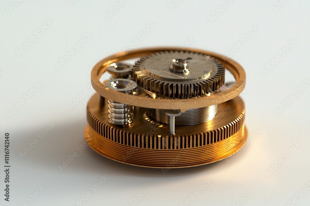 A close view showcases a gold-toned mechanical watch movement with finely crafted gears and springs. The complexity of the design highlights the artistry and engineering of horology.