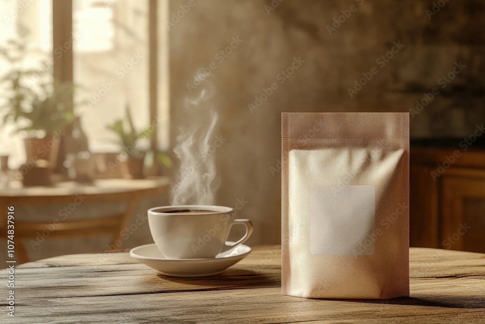 A coffee bag mockup sits next to a steaming cup of coffee on a rustic wooden table. Soft natural light filters through the nearby window, creating a warm atmosphere.