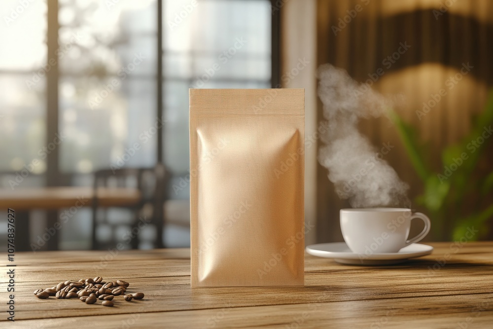 A coffee bag mockup stands prominently on a wooden table, complemented by a steaming cup of coffee and scattered roasted beans. The warm cafe ambiance enhances the experience.