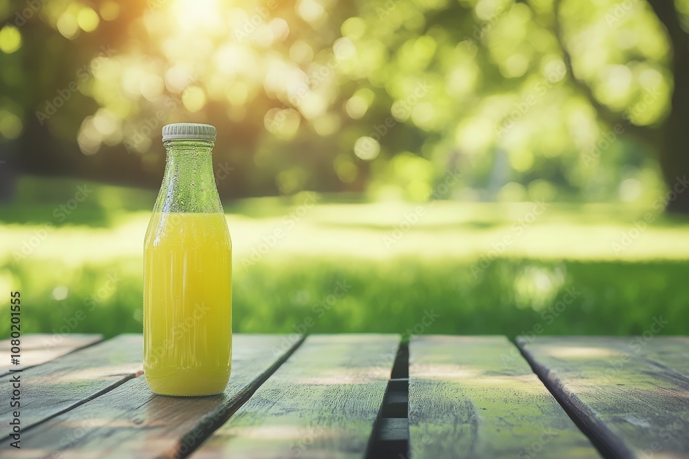A cold-pressed juice bottle filled with fresh yellow juice is placed on a wooden table in a sunlit park. The greenery in the background enhances the refreshing vibe of the scene.