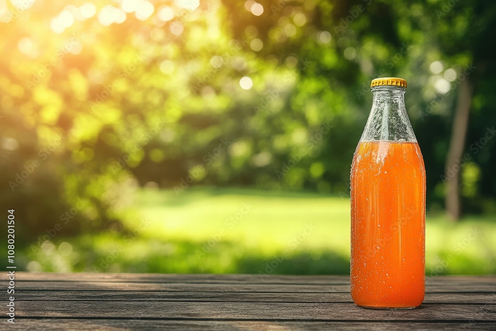 A cold-pressed juice bottle sits on a rustic wooden table, surrounded by vibrant greenery under warm sunlight. The bottle showcases refreshing orange juice and a classic design.