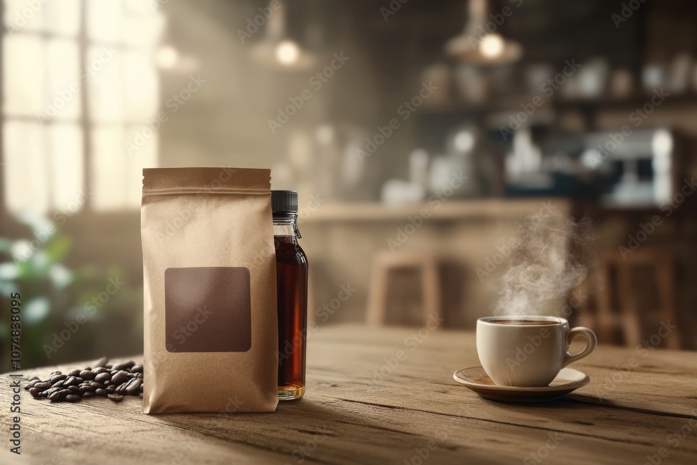 A cold brew coffee bag mockup is placed next to a steaming cup on a wooden table in a cozy cafe atmosphere. The warm lighting highlights the inviting setting, perfect for coffee lovers.