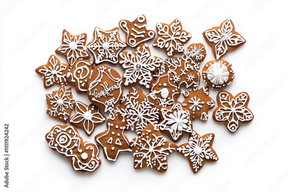 A collection of beautifully decorated gingerbread cookies features various festive shapes, including snowflakes and stars. Intricate white icing designs add a charming touch to these seasonal treats.