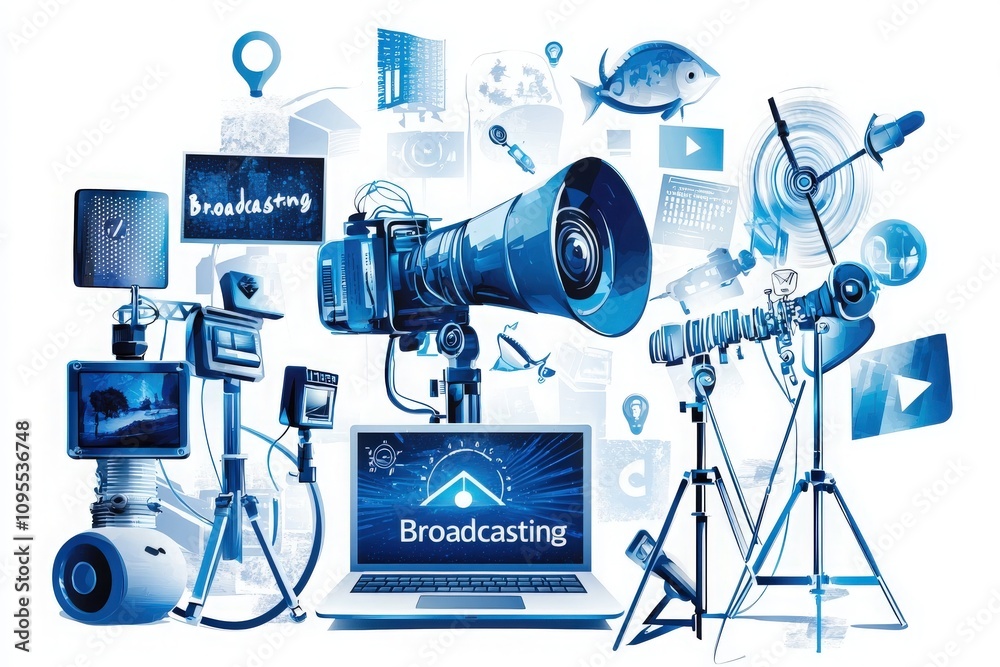 A collection of broadcasting equipment is creatively illustrated, featuring cameras, microphones, and a laptop displaying broadcasting symbols. The design showcases the evolution of media.