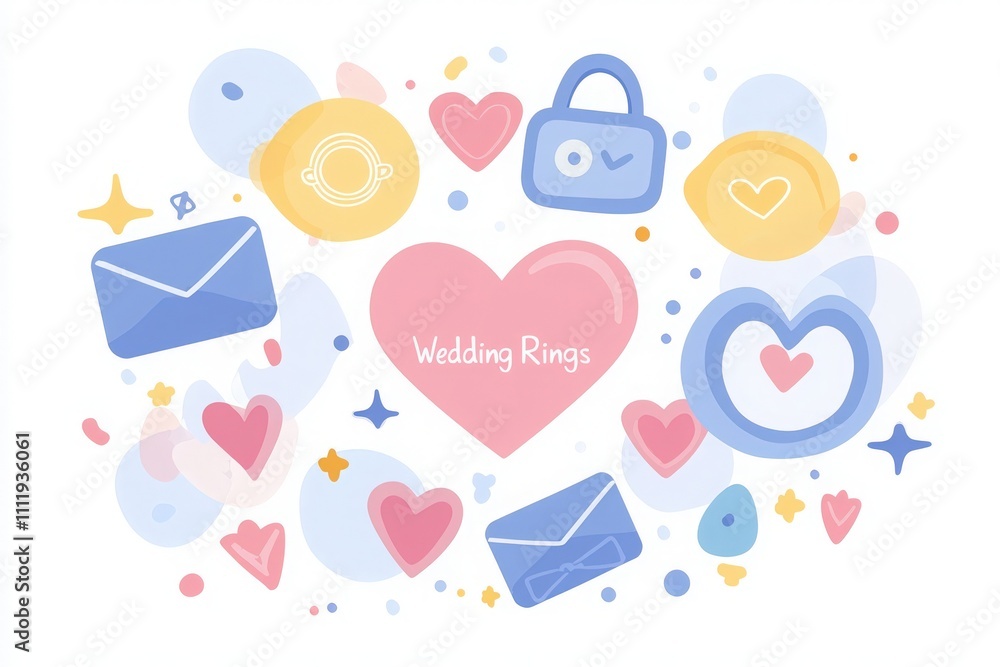 A collection of colorful heart and envelope icons surrounds a central heart. Wedding rings are highlighted amidst symbols of love, conveying a joyful, celebratory mood.