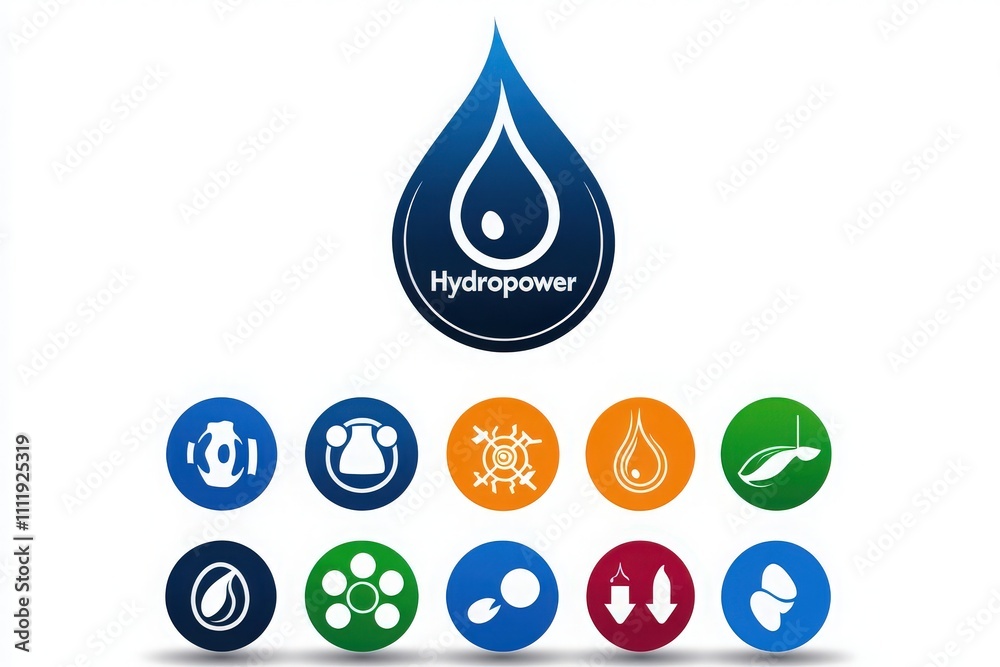 A collection of colorful icons showcasing various aspects of hydropower, including water droplets, energy generation, and environmental benefits, illustrating renewable energy options.